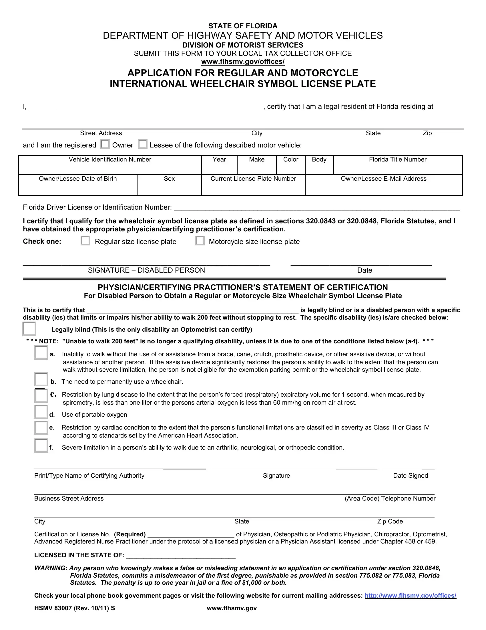 Application for a Disabled, Disabled Veteran or Motorcycle International Wheelchair Symbol License Plate