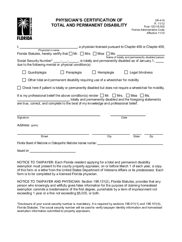 Florida Physician's Certification of Total and Permanent Disability