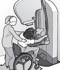 Disabled patient in wheelchair using ADA approved adjustable imaging equipment