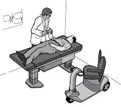 Disabled patient being examined on ADA approved exam table