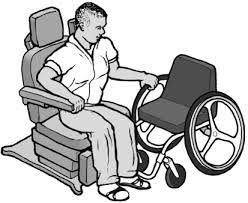 Disabled patient transferring from wheelchair to ADA approved adjustable exam chair