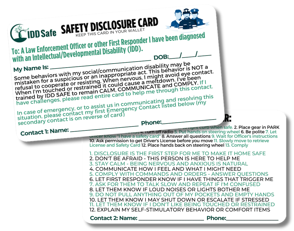 Image showing Front and Back of IDD Safe Safety Disclosure Card