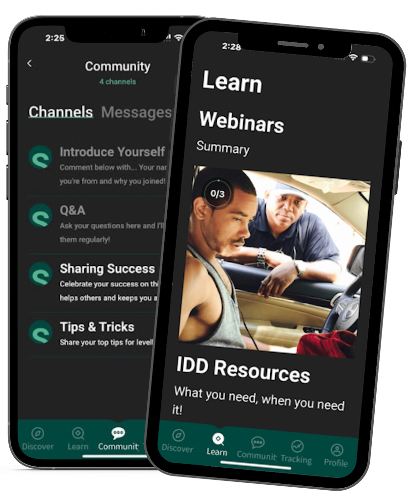 Two smartphones displaying the IDD Safe app interface, featuring community chat channels and educational IDD resources for users with disabilities and their supporters.